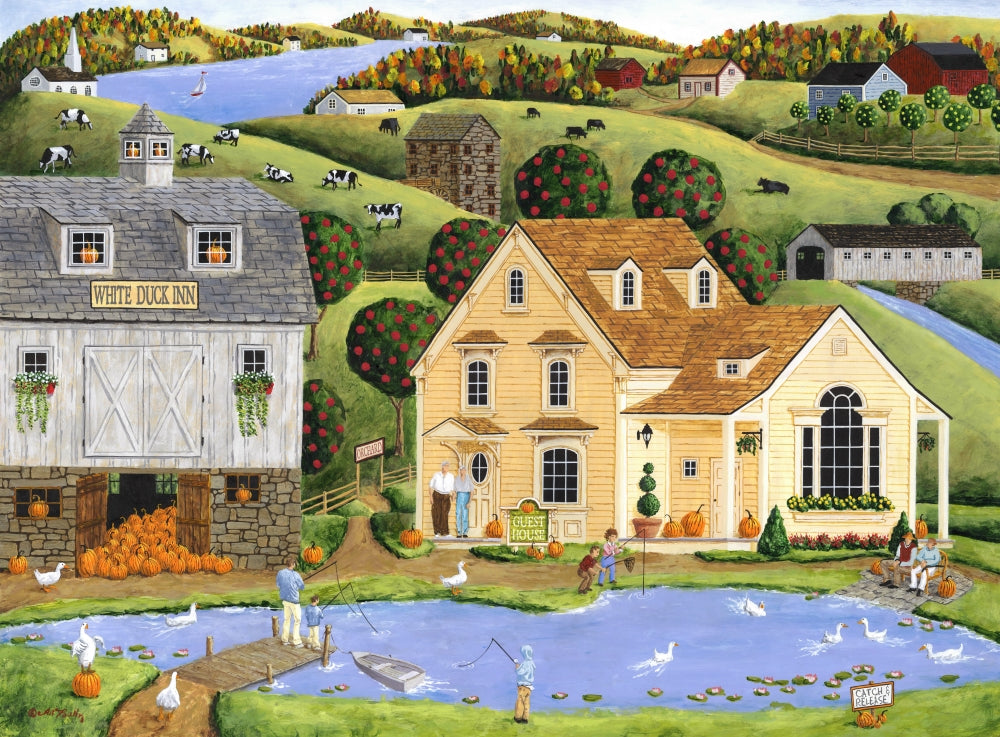 White Duck Inn Poster Print by Art Poulin featuring a tranquil countryside scene.