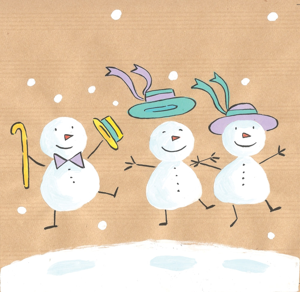 Happy Snowpeople Poster Print by Peter Adderley featuring cheerful snowpeople in a winter setting.