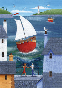A Seaside Town Poster Print by Peter Adderley, showcasing tranquil coastal scenery.