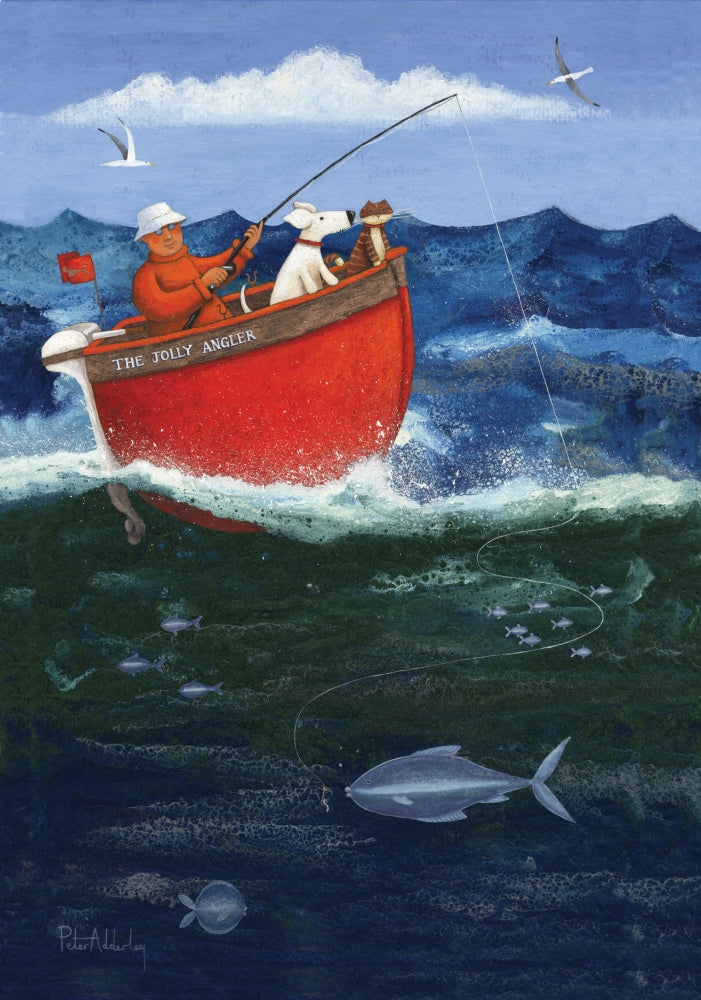 The Jolly Angler Poster Print by Peter Adderley featuring a joyful fishing scene.