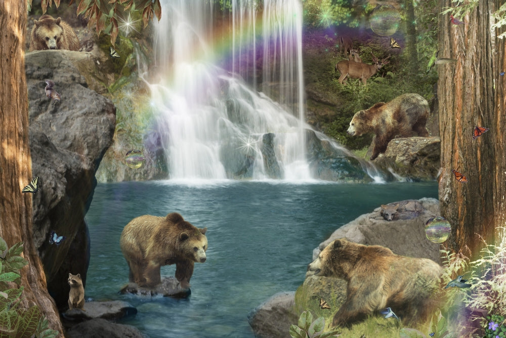 Bear Falls Variant 1 Poster Print by Alixandra Mullins, showcasing a serene waterfall surrounded by lush greenery.
