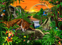 Jaguar's Jungle Ruins poster print by Gerald Newton showcasing a lush jungle scene.
