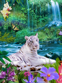 Paradise Tiger Poster Print by Alixandra Mullins featuring a majestic tiger in lush greenery.