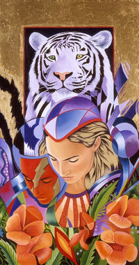 Tiger Think Poster Print showcasing a majestic tiger, vibrant colors and intricate details.