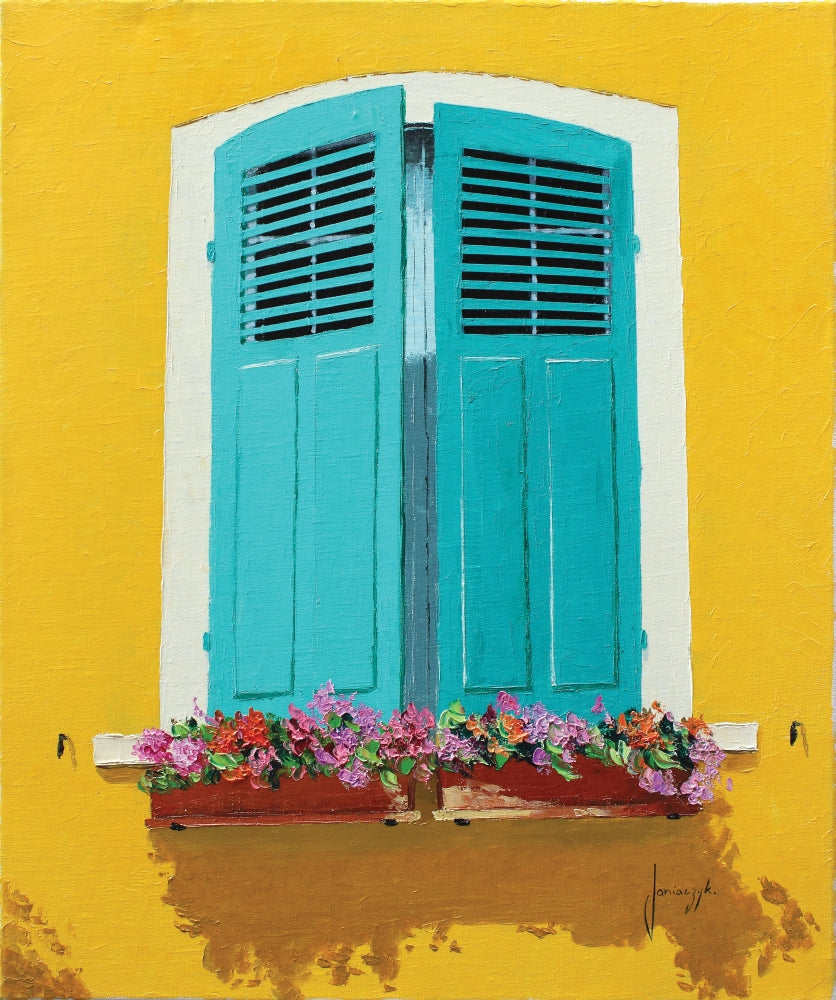 Blue Shutters & Flowerbox Art Print by Jean-Marc Janiaczyk showcasing vibrant colors and charm.
