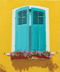 Blue Shutters & Flowerbox Art Print by Jean-Marc Janiaczyk showcasing vibrant colors and charm.