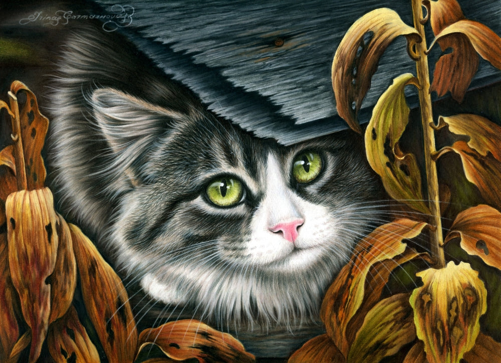 Peeking Kitten Poster Print by Irina Garmaschova-Cawton, showcasing an adorable kitten.
