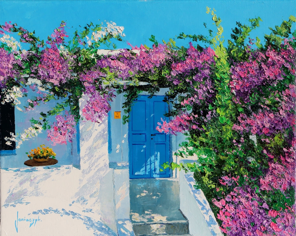 Blue Door 2 art print by Jean-Marc Janiaczyk featuring a vibrant blue door and greenery.