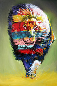 The Rainbow Hunter poster print by Graeme Stevenson featuring vibrant colors and wildlife.