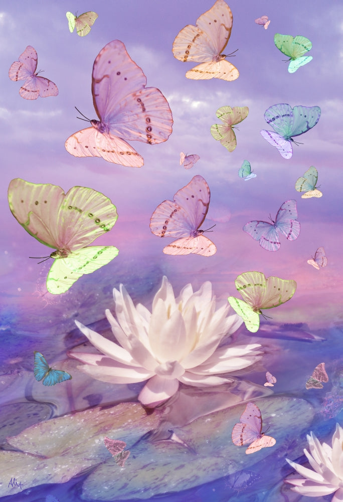 Lotus Butterfly Poster Print by Alixandra Mullins showcasing delicate butterflies and lotus flowers.