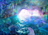 Dolphin Seacave Poster Print by Alixandra Mullins featuring playful dolphins in serene waters.