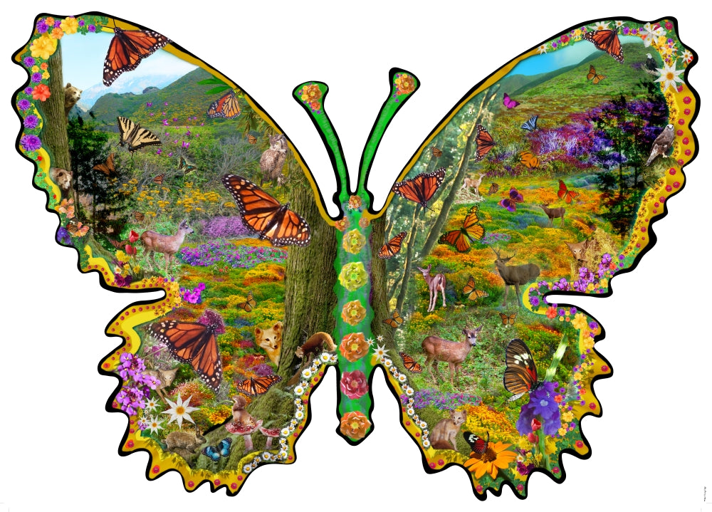 Butterfly Meadow Green Poster Print by Alixandra Mullins showcasing vibrant colors and intricate butterfly details.