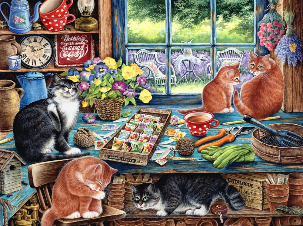 Cats Retreat Poster Print by Irina Garmaschova-Cawton featuring playful cats lounging.
