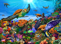 Amazing Undersea Turtles Poster Print by Gerald Newton featuring vibrant sea turtles in clear water.