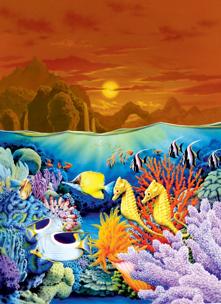 Seahorse Sunset Poster Print by Robin Koni, vibrant ocean sunset artwork.