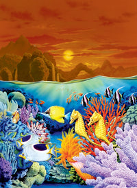 Seahorse Sunset Poster Print by Robin Koni, vibrant ocean sunset artwork.