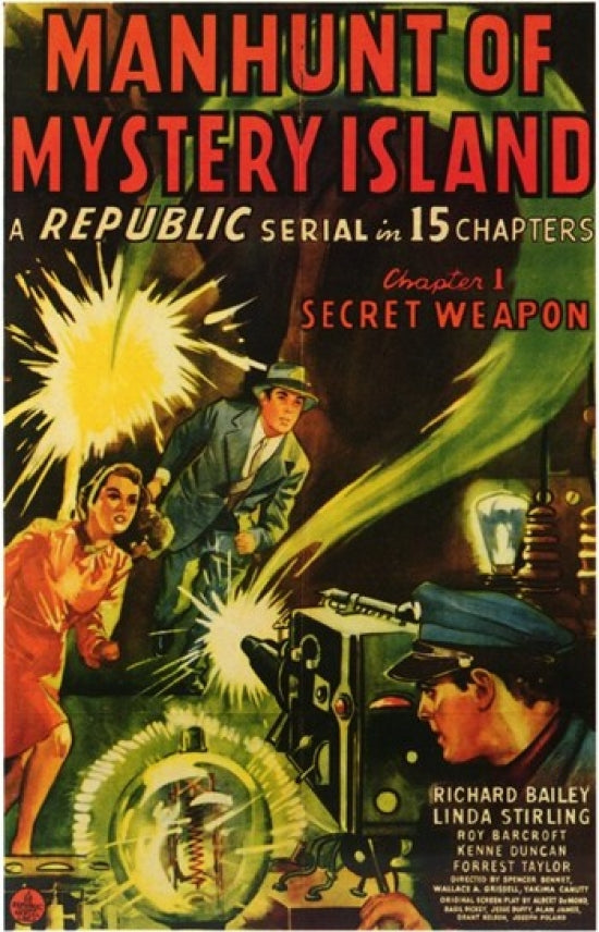 Manhunt of Mystery Island Movie Poster Print showcasing adventure and mystery.