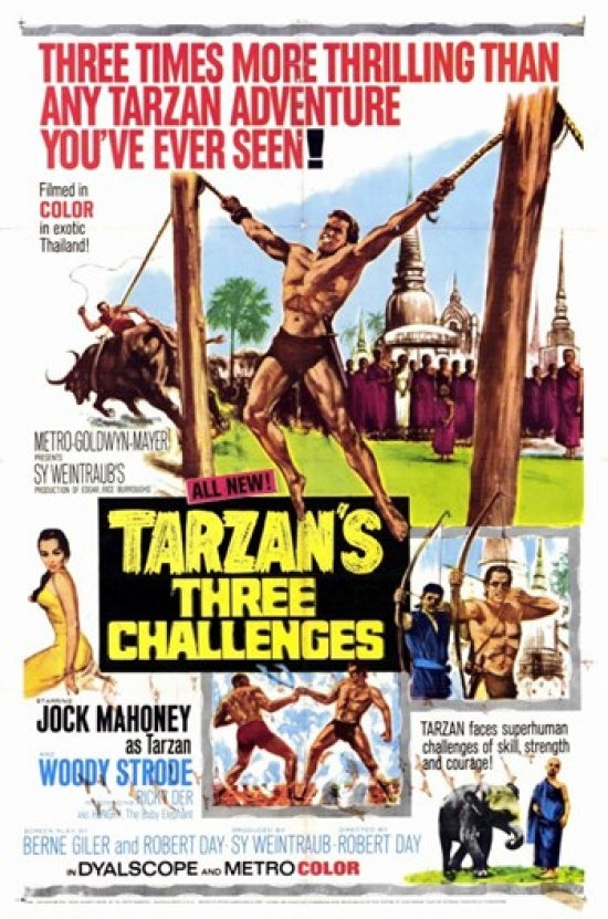Tarzan's Three Challenges movie poster from 1963 featuring jungle adventure theme.