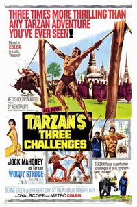 Tarzan's Three Challenges movie poster from 1963 featuring jungle adventure theme.