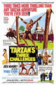 Tarzan's Three Challenges movie poster from 1963 featuring jungle adventure theme.