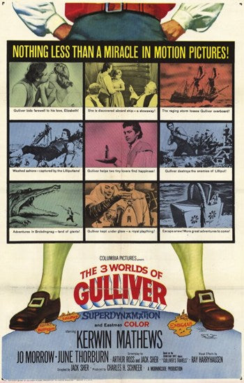The Three Worlds of Gulliver Movie Poster Print featuring vibrant colors and imaginative design.