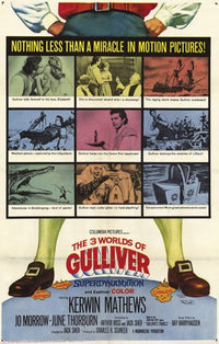 The Three Worlds of Gulliver Movie Poster Print featuring vibrant colors and imaginative design.