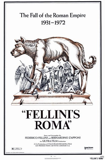 Fellini's Roma Movie Poster Print featuring vibrant imagery and classic design.