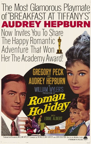 Roman Holiday Movie Poster Print featuring Audrey Hepburn and Gregory Peck.