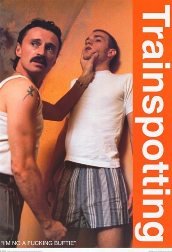 Trainspotting movie poster print showcasing iconic film visuals.