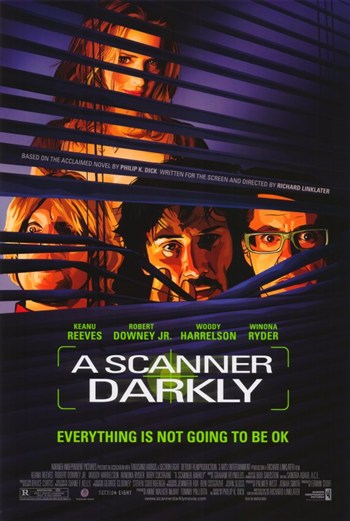 A Scanner Darkly Movie Poster Print showcasing unique rotoscope animation style.