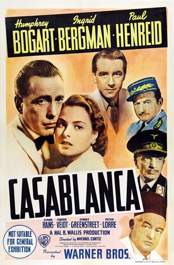 Casablanca Movie Poster Print featuring iconic film characters and quotes.