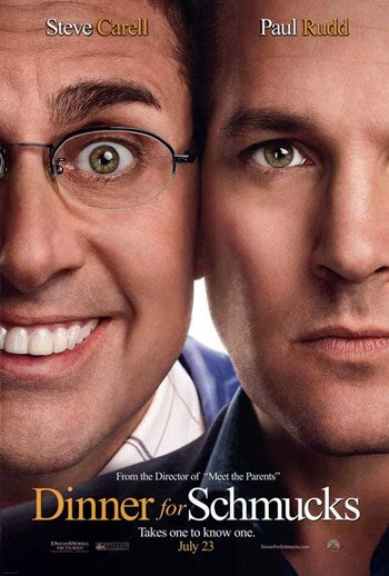 Dinner for Schmucks Movie Poster Print featuring vibrant comedy scenes.