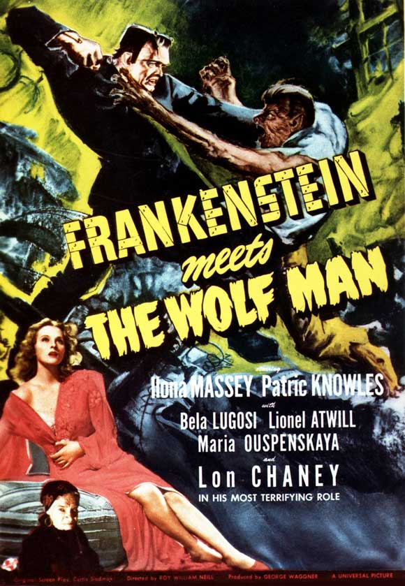 Frankenstein Meets the Wolfman Movie Poster Print featuring iconic horror characters.