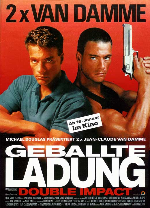 Double Impact Movie Poster Print featuring action-packed visuals.