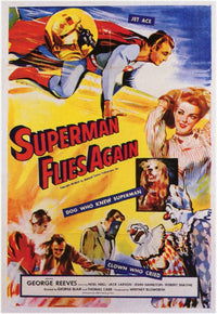 Superman Flies Again Movie Poster Print showcasing Superman soaring through the sky.