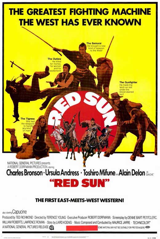 Red Sun Movie Poster Print featuring vibrant colors and classic cinema imagery.