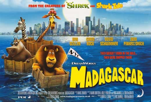 Madagascar movie poster print featuring colorful characters and scenes.