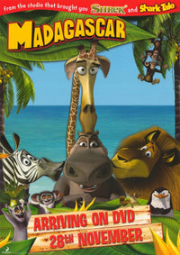 Madagascar Movie Poster Print featuring vibrant characters and colorful design.