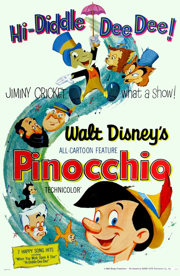 Pinocchio Movie Poster Print featuring classic animated characters.