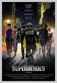 Superheroes Movie Poster featuring iconic heroes, colorful design.