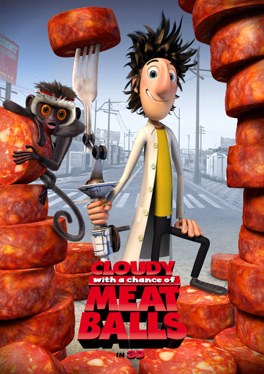 Cloudy with a Chance of Meatballs movie poster print featuring colorful animation.