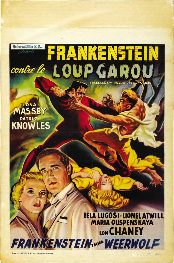 Frankenstein Meets the Wolfman Movie Poster Print featuring iconic horror characters.