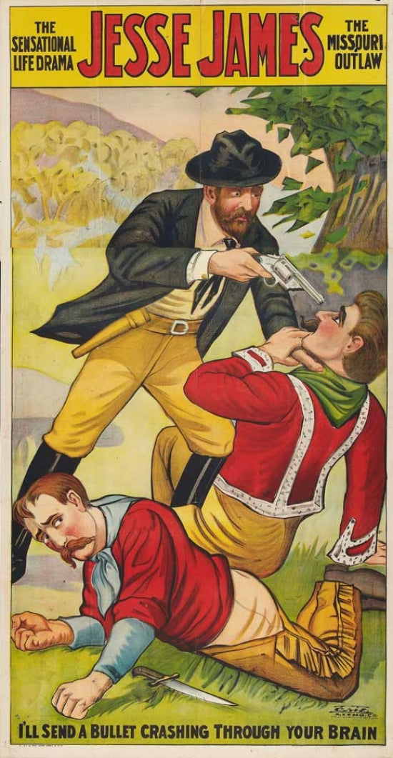 Jesse James as the Outlaw Movie Poster Print featuring vibrant colors and classic Western imagery.