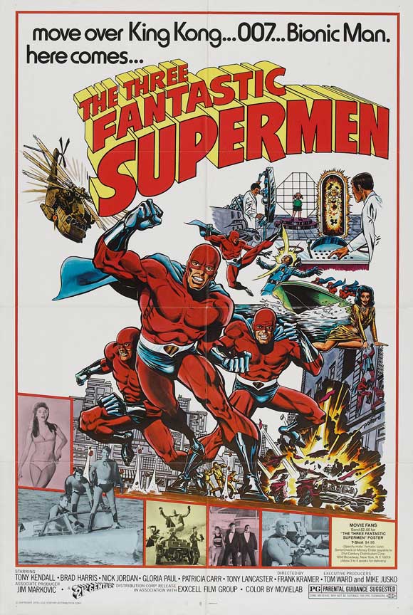 The Three Fantastic Supermen in the Orient Movie Poster Print featuring vibrant superhero imagery.