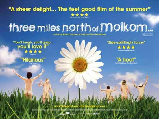 Three Miles North of Molkom Movie Poster featuring vibrant design.