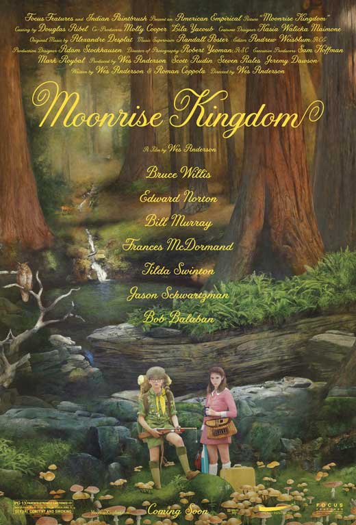 Moonrise Kingdom movie poster print featuring whimsical imagery.