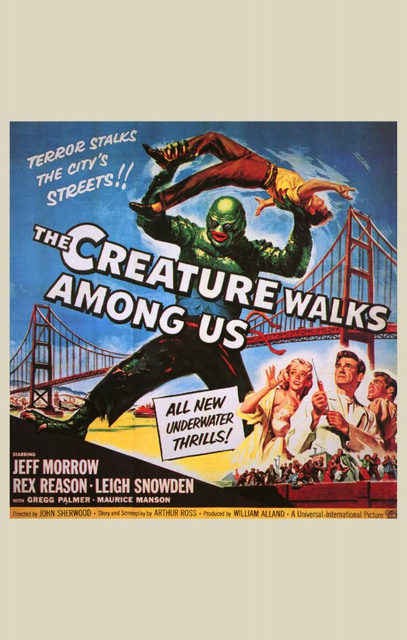 The Creature Walks Among Us Movie Poster Print showcasing classic horror film art.