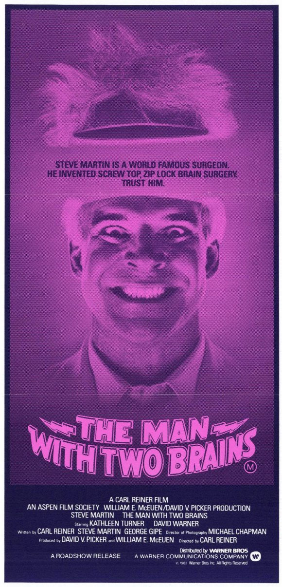The Man with Two Brains Movie Poster Print featuring classic comedy design.