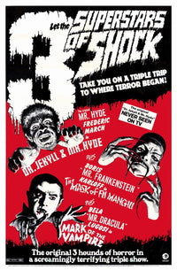3 Superstars of Shock Movie Poster Print featuring iconic horror stars.
