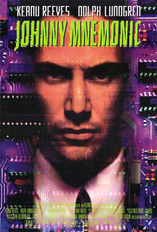 Johnny Mnemonic Movie Poster Print featuring futuristic design.